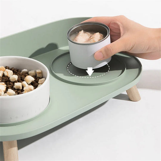 Bone China Double Pet Feeder, Elevated Cat Dog Food Double Bowls, Ceramic Pet Feeding Bowl for Food and Water