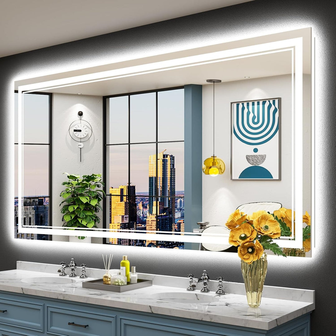 Full Size Front & Back LED Lighted Anti-Fog Tempered Glass Wall Bathroom Vanity Mirror, 3-Year Warranty & ETL Certification
