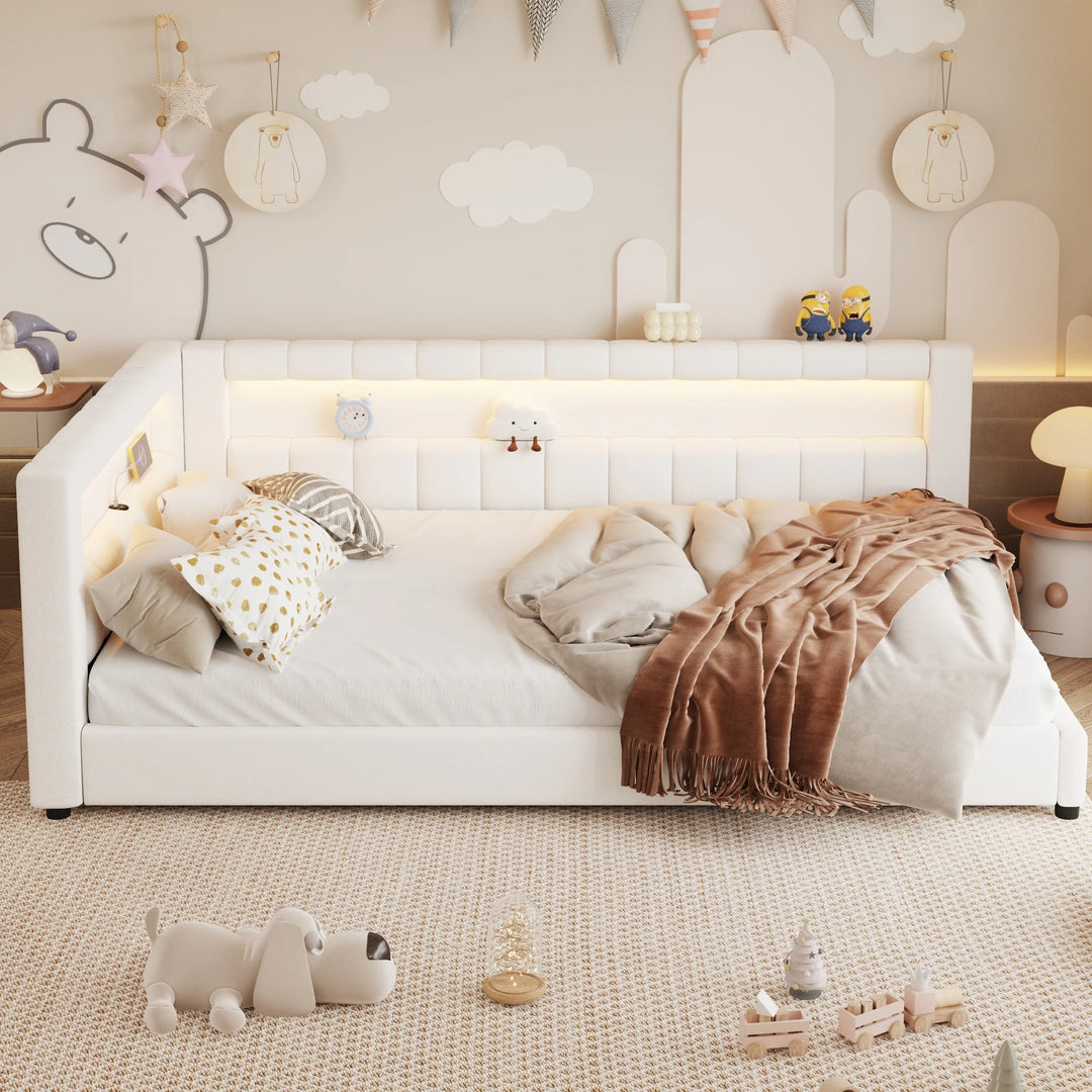 Upholstered Low-Profile Daybed Platform Bed Built-In USB Ports and LED Light Belt, Grounded Design with Padded Backrest
