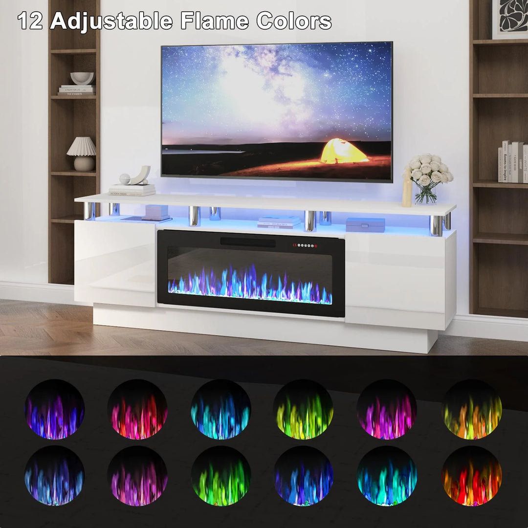 70" Modern Electric Fireplace TV Stand, with Electronic Flame and LED Lights, High Gloss Finish Entertainment Center