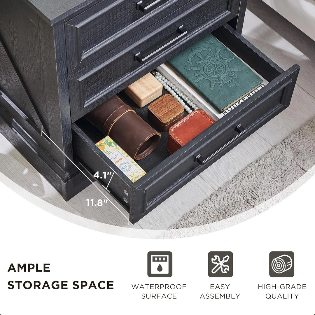 Farmhouse 3-Drawer Nightstand, Wide End Table with Charging Station