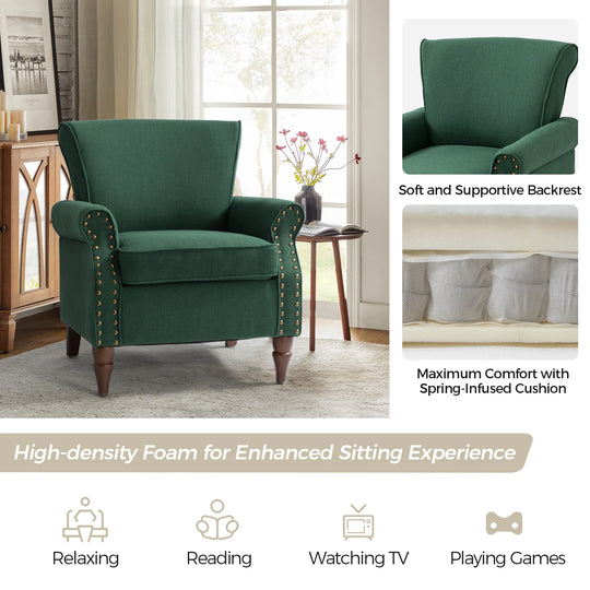 Nyctelius Upholstered Comfy Accent Chair with Turned Wooden Legs and Nailhead Trim Set of 2 by