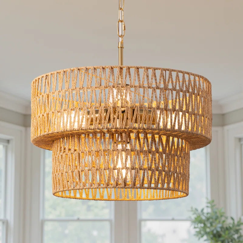 4 - Light 17.7" Hand-Woven Rattan Drum Chandelier