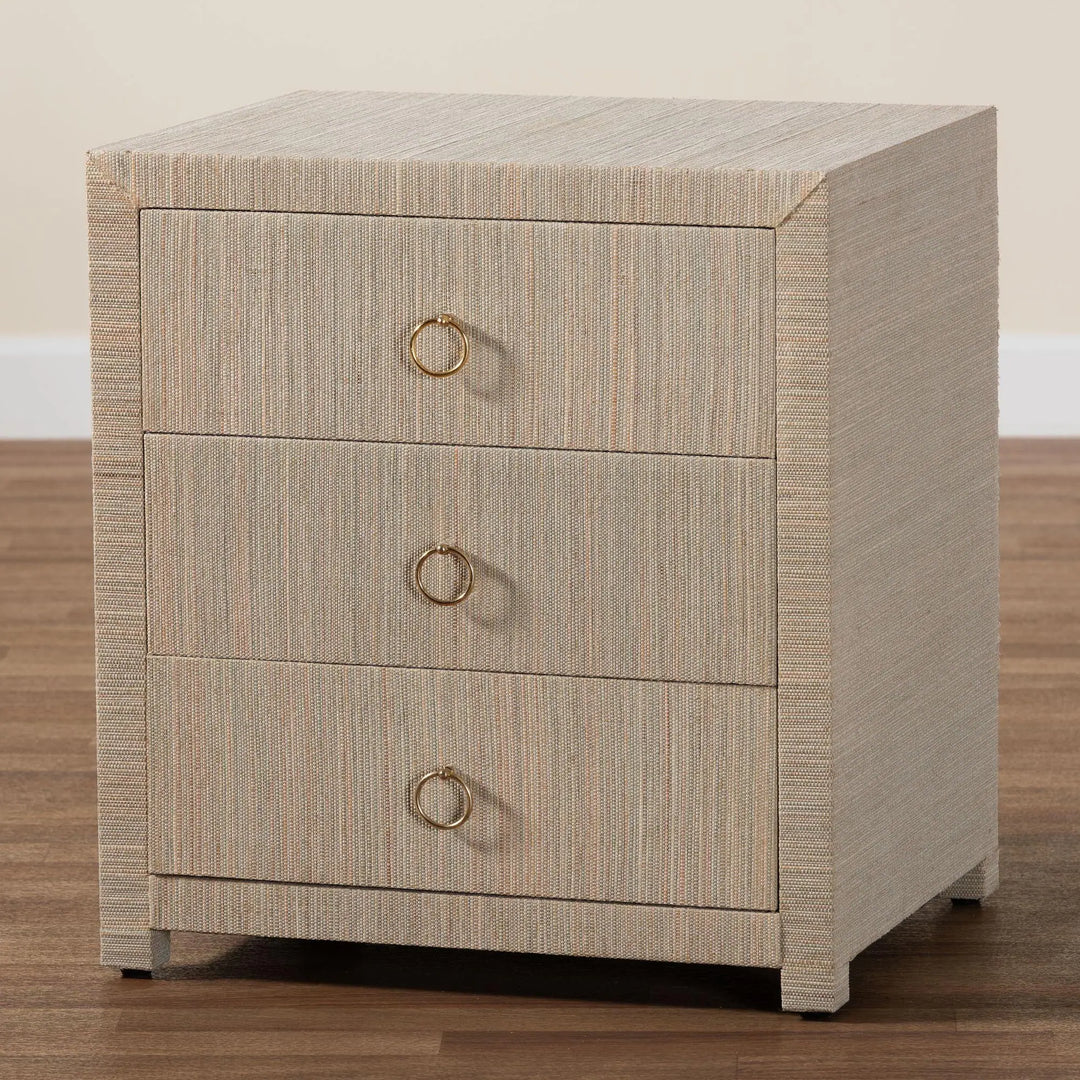 Quinn Bohemian Woven Natural Grasscloth 3-Drawer Nightstand