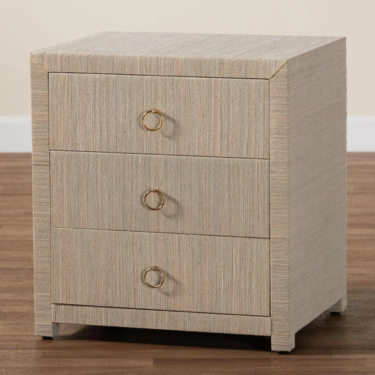 Quinn Bohemian Woven Natural Grasscloth 3-Drawer Nightstand