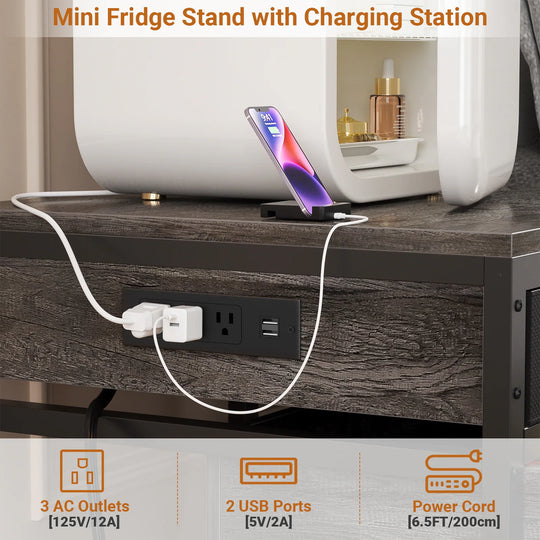 Mini Fridge Stand with Charge Station, Side/ End Table with Storage Drawers and Rolling Cabinet
