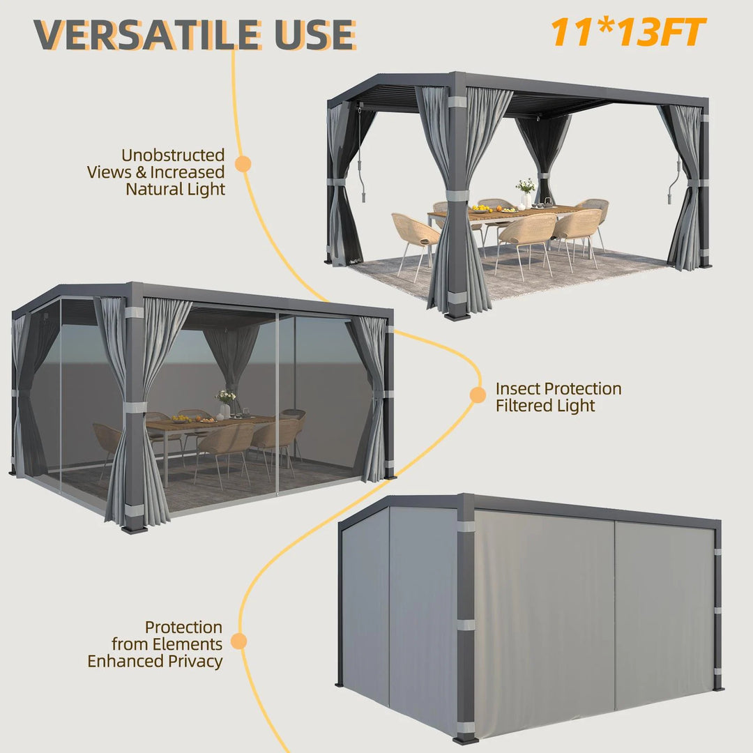 Outdoor Louvered Pergola Gazebo with Adjustable Aluminum Rainproof Roof and Pull-Down Screen