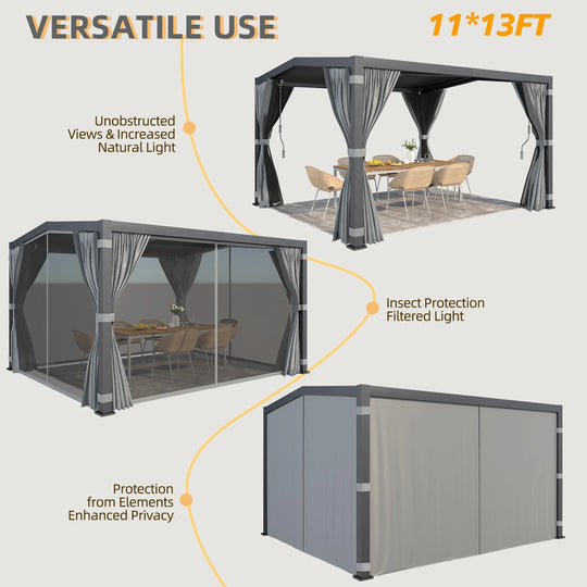 Outdoor Louvered Pergola Gazebo with Adjustable Aluminum Rainproof Roof and Pull-Down Screen