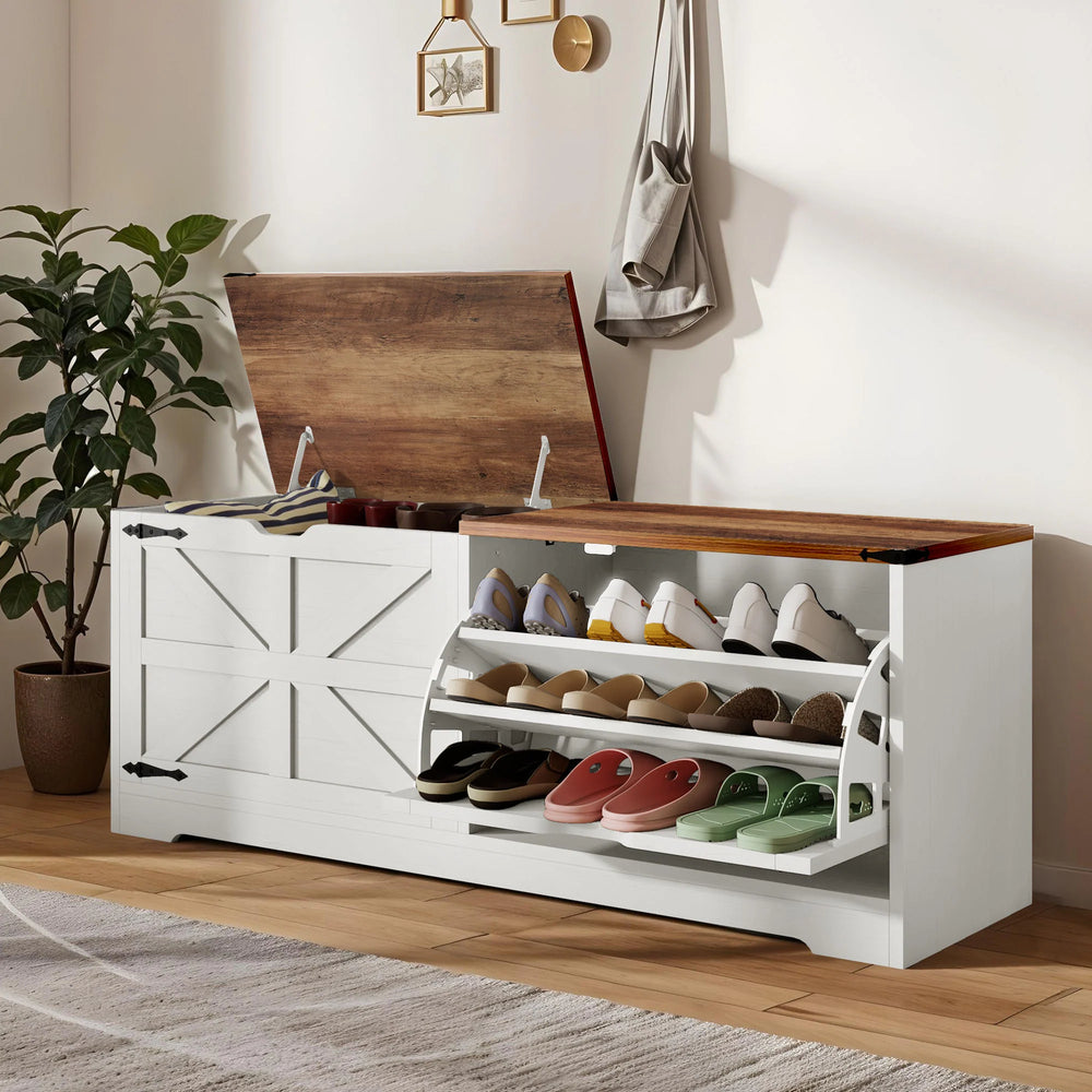 Farmhouse Shoe Storage Bench and Shoe Cabinet with Flip Drawer & Flip-Top Storage