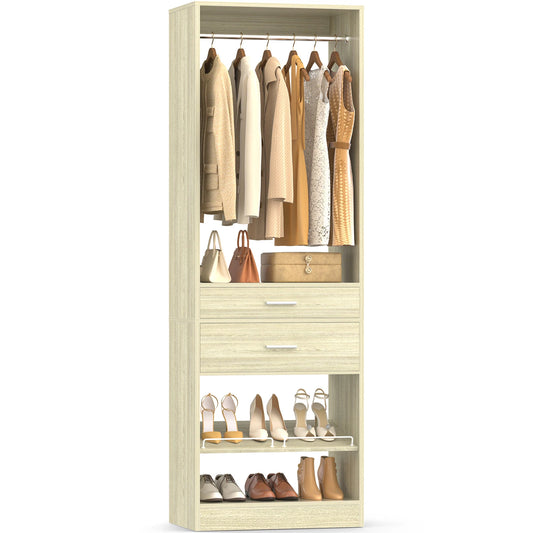 25'' W Freestanding Closet System with 2 Wooden Drawers and Adjustable Shoes Rack and Hanging Rod,Walk-In Closet Organizer