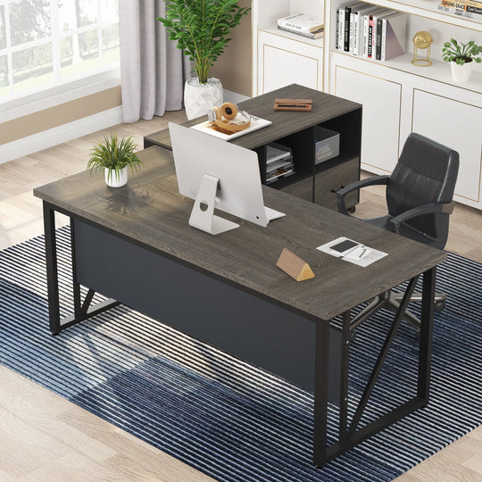 63" L-Shaped Computer Desk with 47 Inches Lateral File Cabinet, Executive Desk Home Office Furniture Desk Set