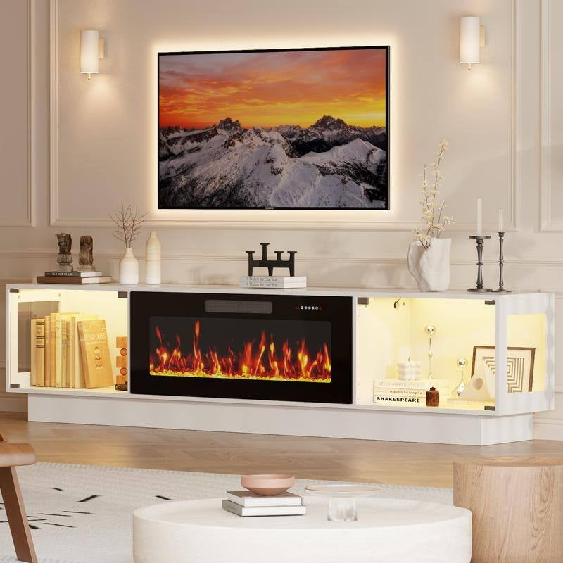 80" Fireplace TV Stand with Adjustable LED Lights, Modern Entertainment Center with Glass Door Storage Cabinet, Black