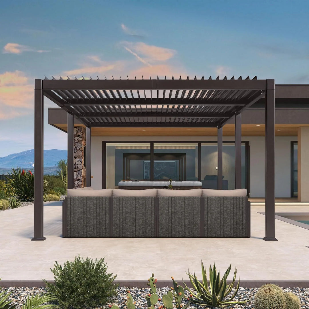 Bronze Louvered Pergola Sun Shade Shelter with Adjustable Metal Roof for Patio Hardtop Pergola