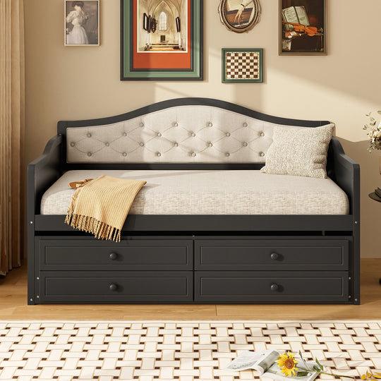 Twin Daybed with Trundle, Twin Size Daybed with 2 Storage Drawers, Wooden Sofa Bed with Upholstered Button Tufted Backrest