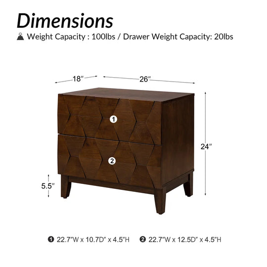 Sara Midcentury Modern 26''W 2-Drawer End Table with Charging Station and Solid Wood Legs