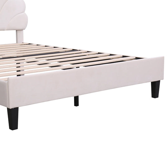 Upholstered Platform Bed with Flower Pattern Velvet Headboard