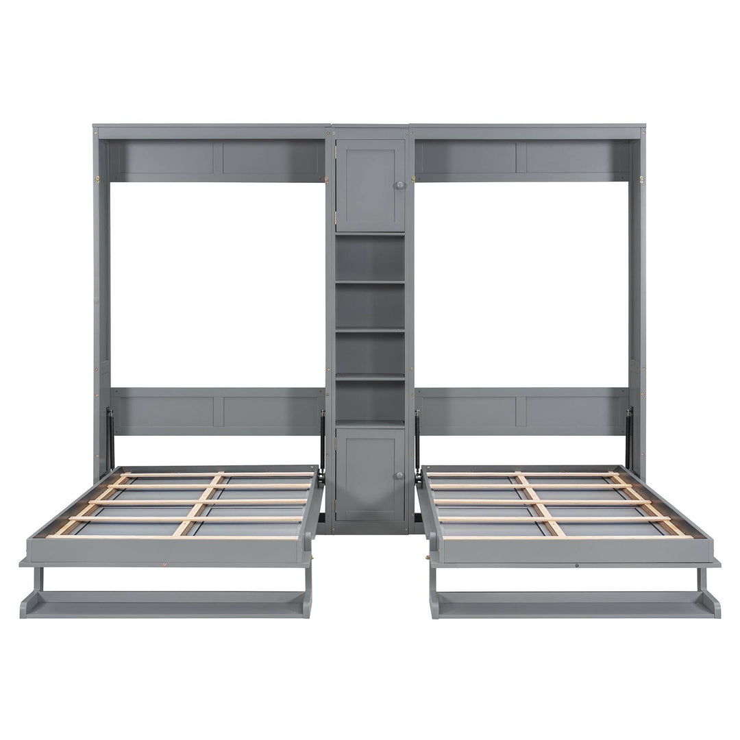 Dual Twin Size Wall Murphy Beds with Cabinets and Shelves, Space-Saving Design