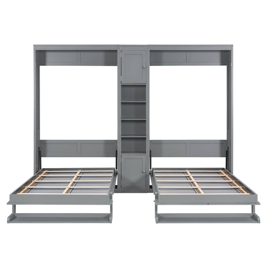 Dual Twin Size Wall Murphy Beds with Cabinets and Shelves, Space-Saving Design