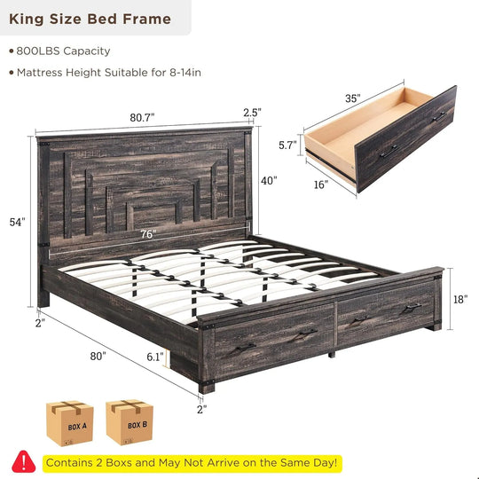 Farmhouse Wood Bed Frame with 54" Tall Headboard, 2 Large Drawers