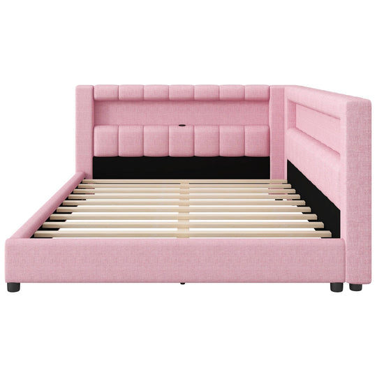 Upholstered Low-Profile Daybed Platform Bed Built-In USB Ports and LED Light Belt, Grounded Design with Padded Backrest