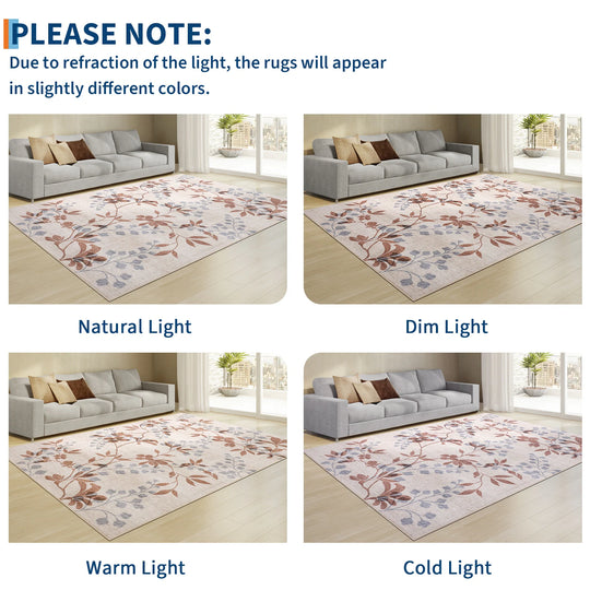 Modern Leaves Pattern Area Rug Botanical Print Washable Rugs for Living Room Bedroom Non-Slip Low Pile Floor Carpet