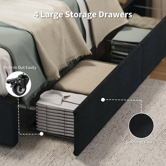 Upholstered Corduroy Channel Tufted Headboard Bed Frame, with 4 Storage Drawers
