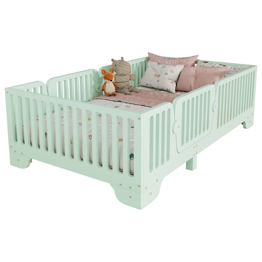 Full Size Montessori Floor Bed Frame with Safety Rails and Removable Door, Low Profile Kids Bed with Slatted Support