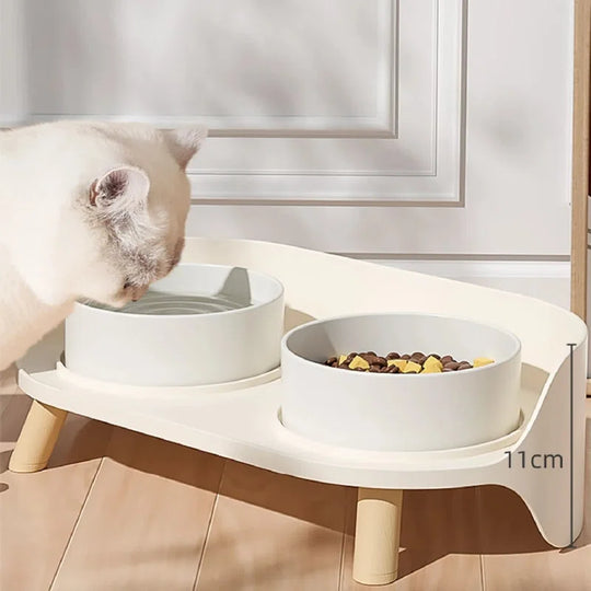 Bone China Double Pet Feeder, Elevated Cat Dog Food Double Bowls, Ceramic Pet Feeding Bowl for Food and Water
