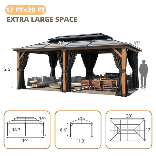 Hardtop Wood Gazebo with Double Roof – Free Dust Cover with 12X16 or 12X20 Model – Waterproof Outdoor Gazebo
