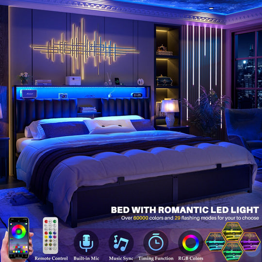 Upholstered Bed Frame with Storage Shelving, Platform Beds with Charge Station and LED Lights