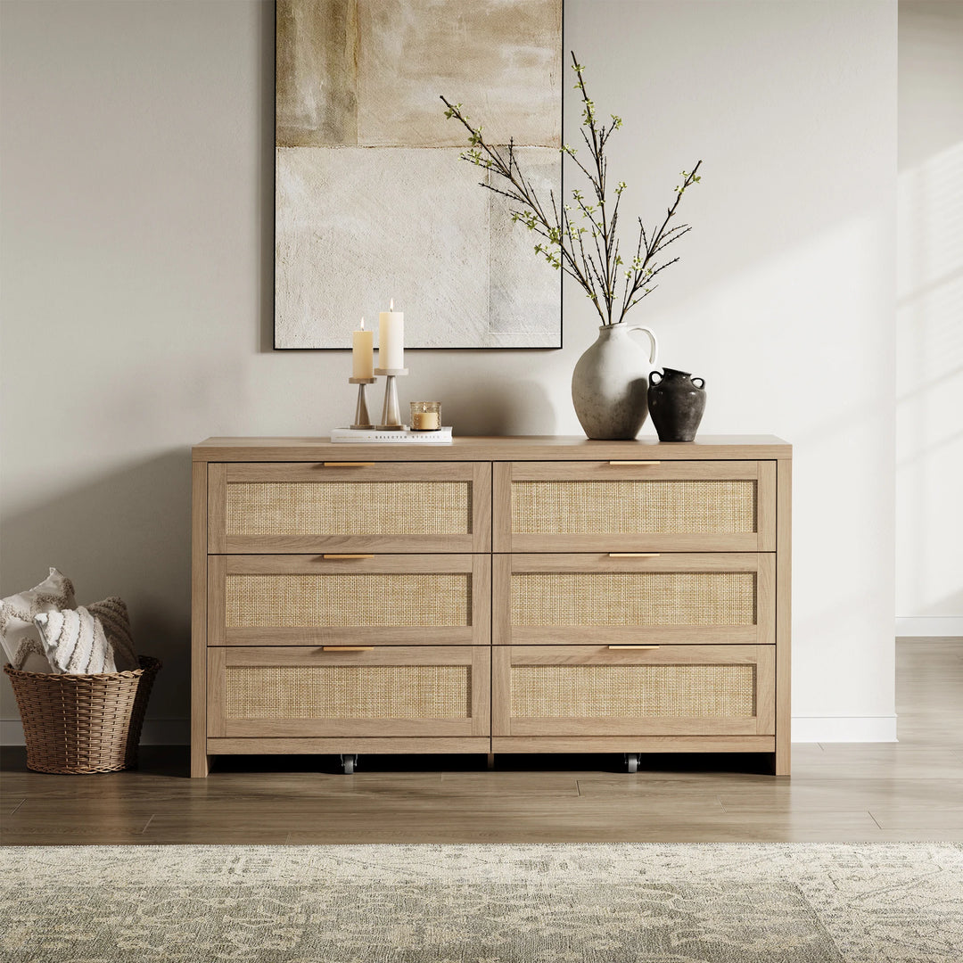 Elegant Right Angled Dresser with 6 Rattan Woven Drawers