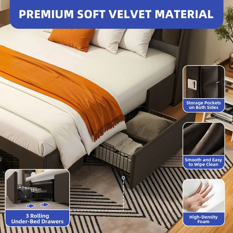 Queen/King Size Velvet Upholstered Bed with Charging Station and Storage Drawers