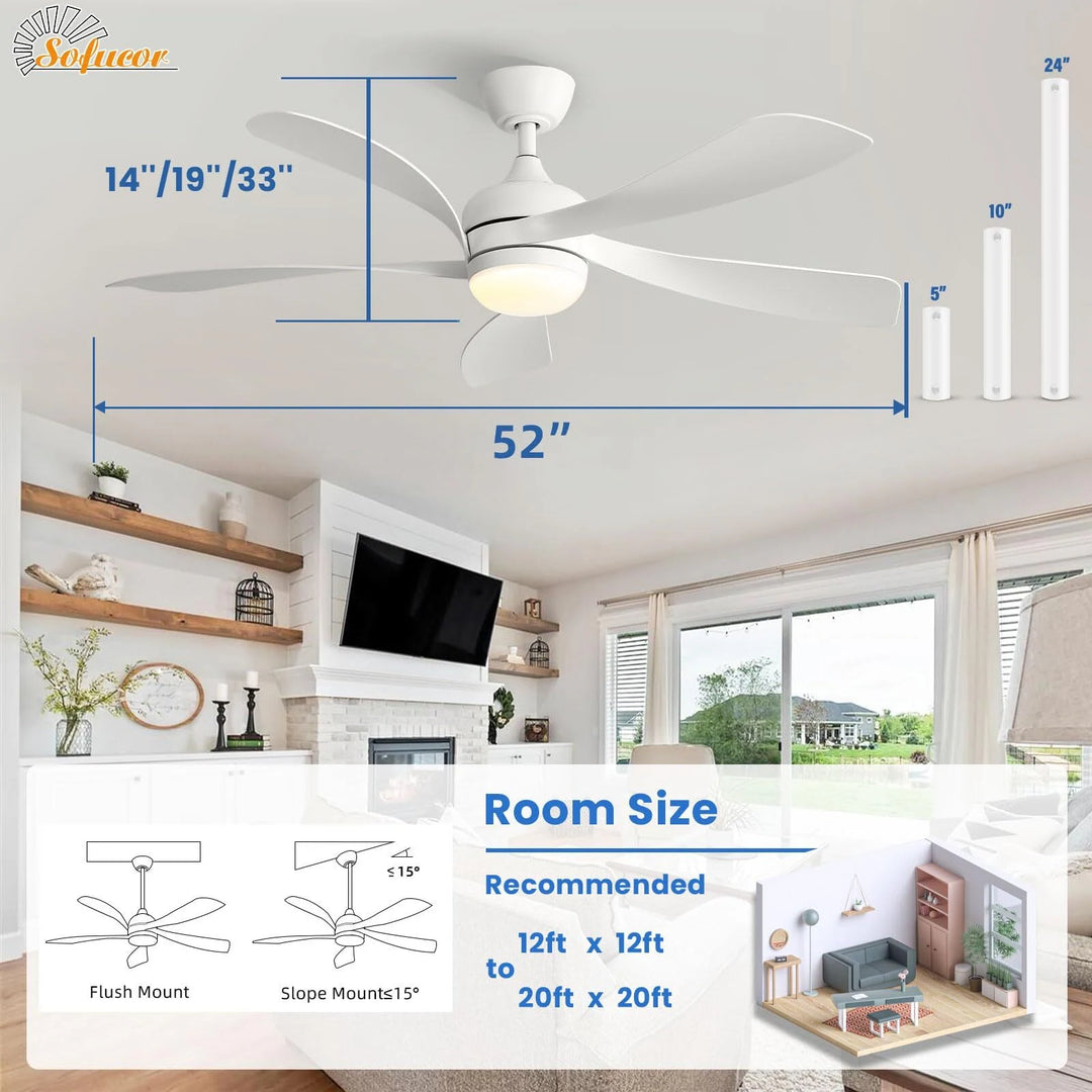 Sofucor 45/52 Inch Ceiling Fan with Remote & Lights Quiet DC Motor 5 Blade High CFM Modern Fan