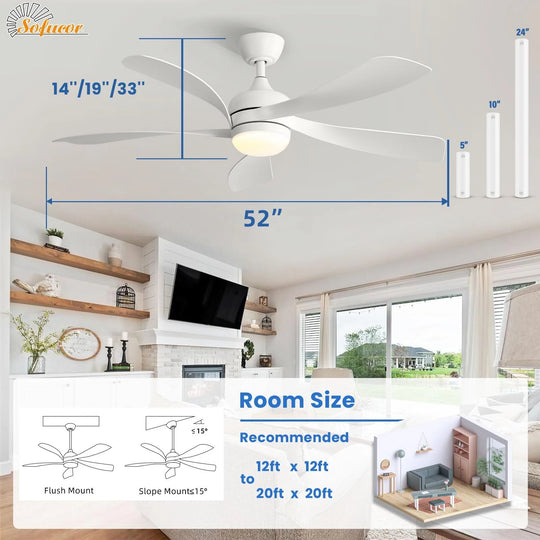 Sofucor 45/52 Inch Ceiling Fan with Remote & Lights Quiet DC Motor 5 Blade High CFM Modern Fan