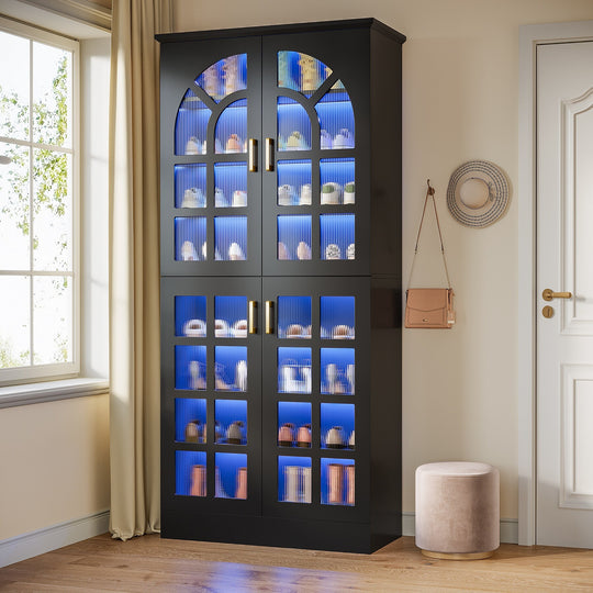 35 Pairs Tall Shoe Storage Cabinet with Doors, 8 Tiers Shoe Rack Organizer with LED Light and Adjustable Shelves for Entryway