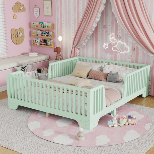 Full Size Montessori Floor Bed Frame with Safety Rails and Removable Door, Low Profile Kids Bed with Slatted Support