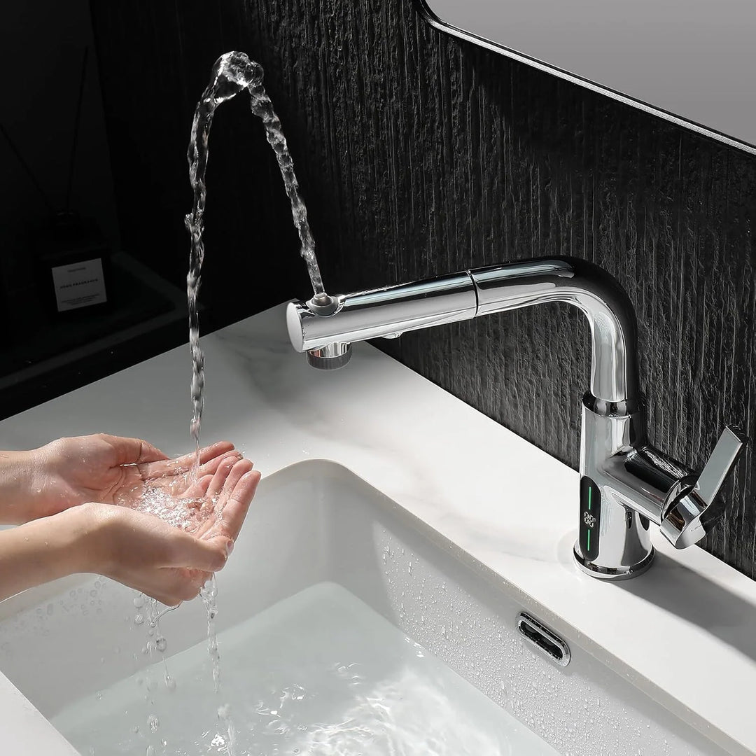Single Hole Liftable Bathroom Faucet with Temperature Display in Fahrenheit, 3 Water Modes, BF2501