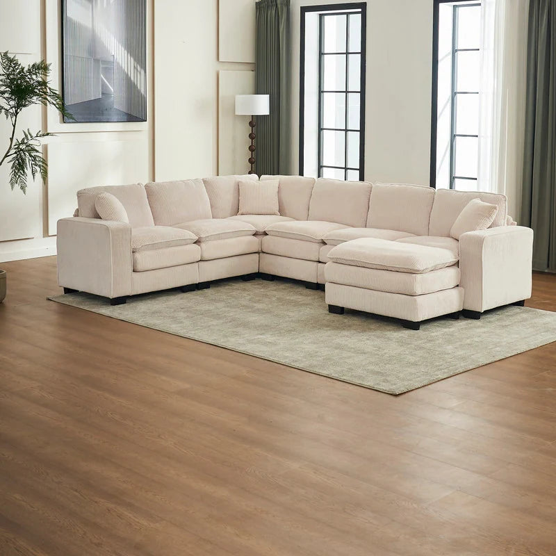 Modern U-Shaped 6-Seater Sectional Sofa with One Footstool
