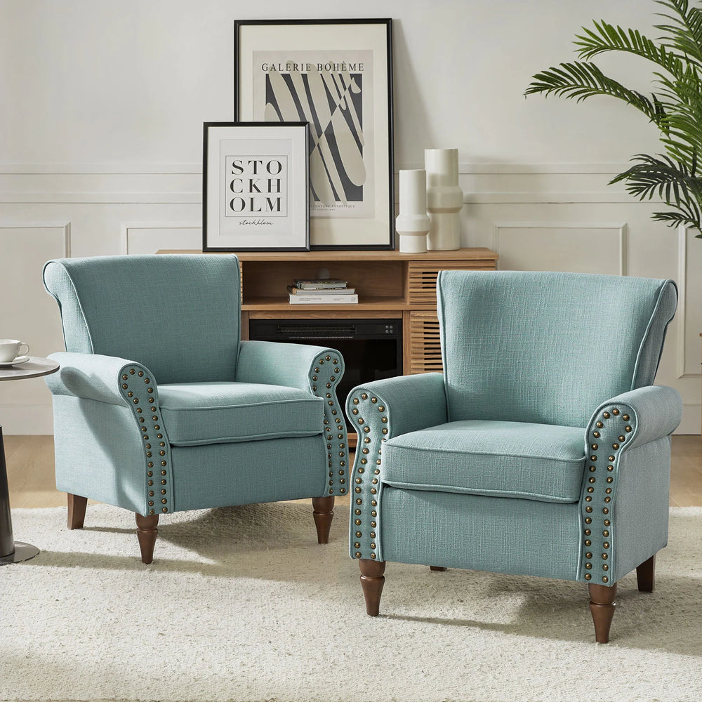 Nyctelius Upholstered Comfy Accent Chair with Turned Wooden Legs and Nailhead Trim Set of 2 by