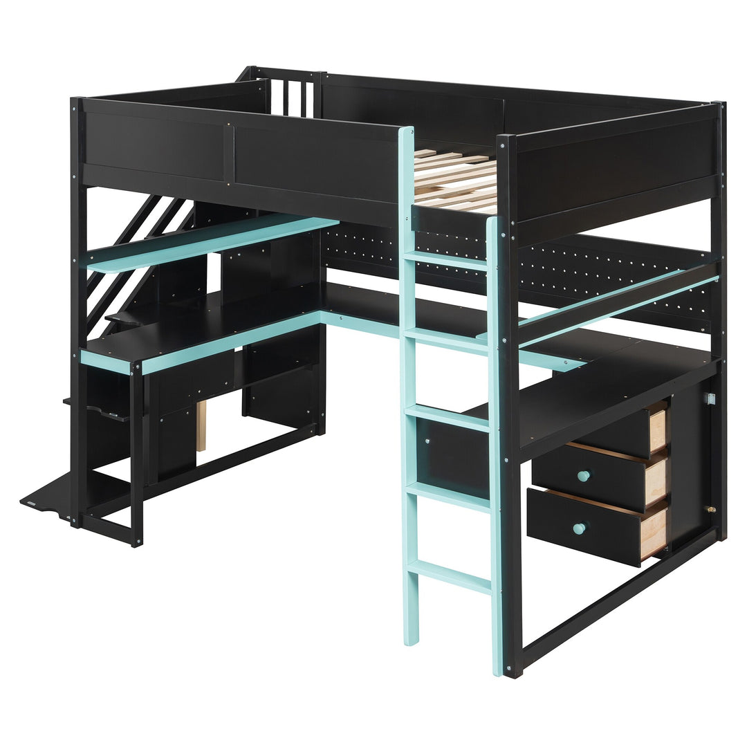 Full Size Wooden Gaming Loft Bed with Storage Stairs, Desk, Shelves and Pegboard