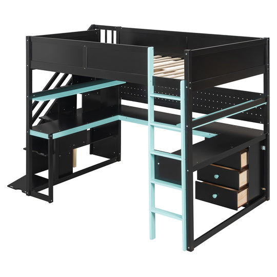 Full Size Wooden Gaming Loft Bed with Storage Stairs, Desk, Shelves and Pegboard