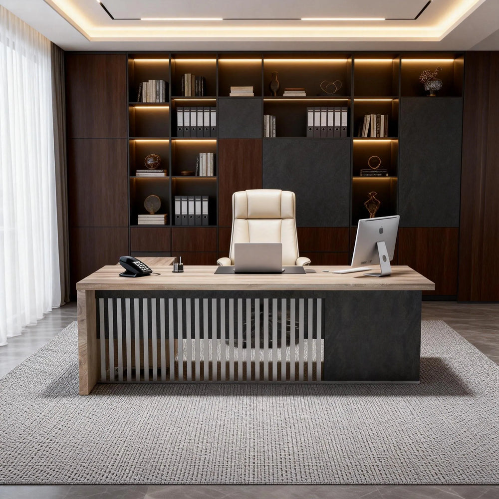 WESOME L-Shaped Executive Office Desk with 2 Drawers 4 Wheels File Cabinets Cable Management