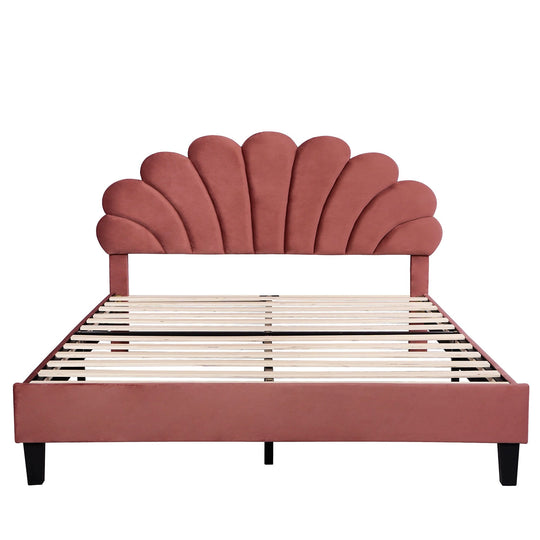 Upholstered Platform Bed with Flower Pattern Velvet Headboard