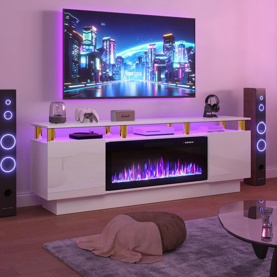 70" Modern Electric Fireplace TV Stand, with Electronic Flame and LED Lights, High Gloss Finish Entertainment Center
