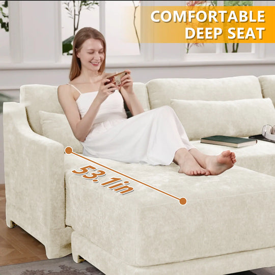Modern Chenille 4-Seater Sofa with 2 Ottoman, Lumbar Cushions, Ergonomic Backrest, High-Resilience Spongeand Tufted Armrests