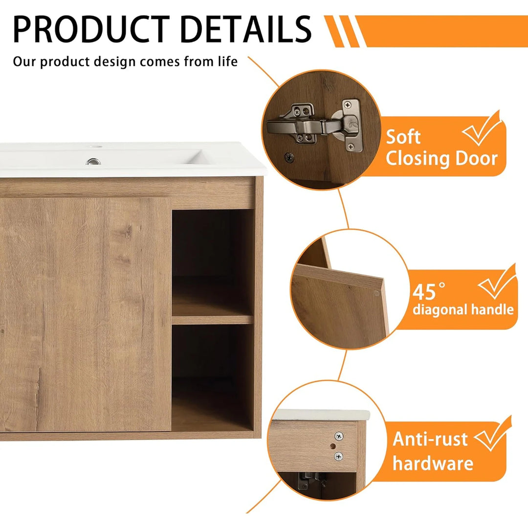 Bathroom Vanity with Sink in 24/30 Inch, Floating Bathroom Vanity with Soft Close Door