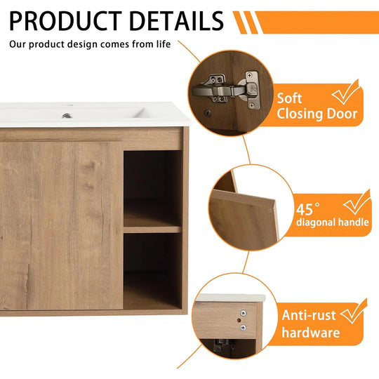 Bathroom Vanity with Sink in 24/30 Inch, Floating Bathroom Vanity with Soft Close Door