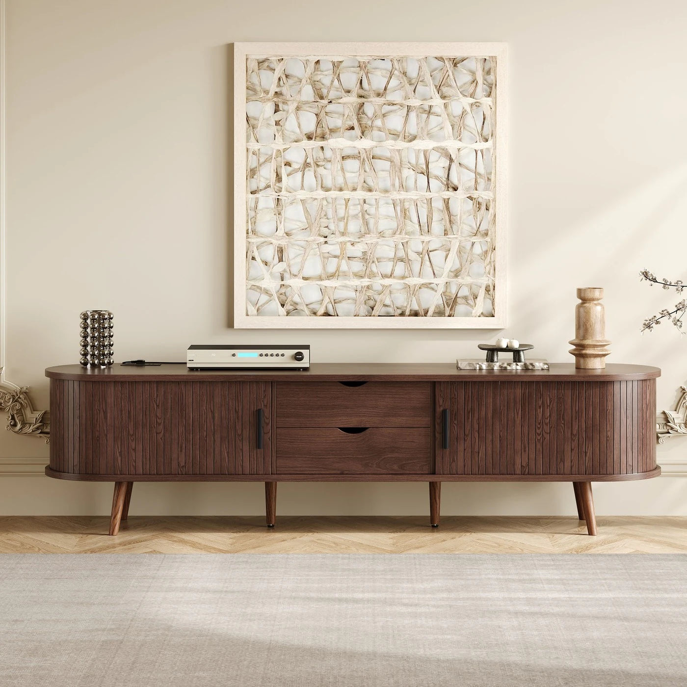 70 in Modern TV Stand with Rattan Doors - N/A