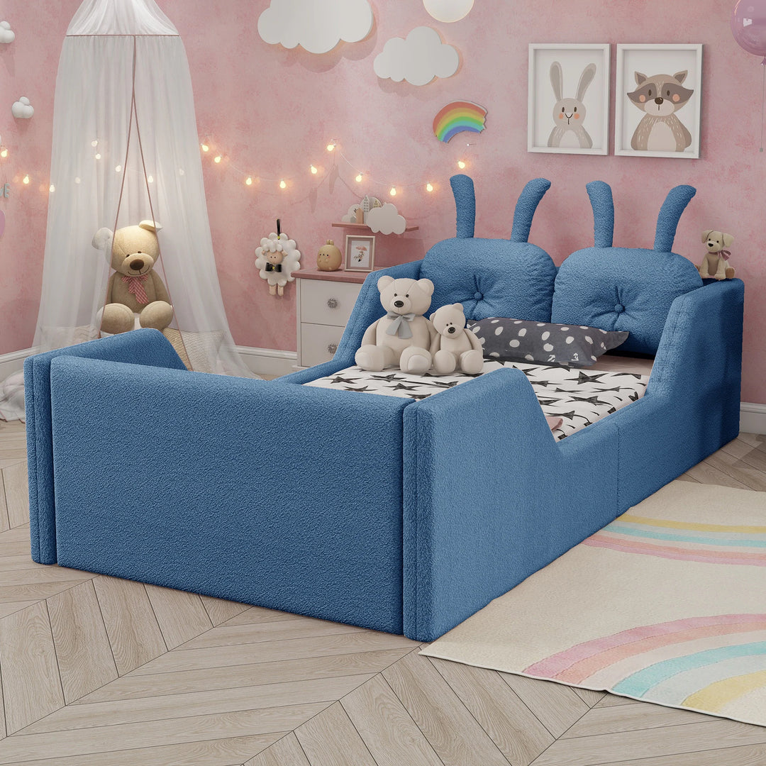 Twin Size Upholstered Platform Bed with Rabbit Cushion, Floor Upholstered Bed with Removable Side Rails