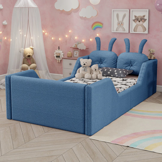 Twin Size Upholstered Platform Bed with Rabbit Cushion, Floor Upholstered Bed with Removable Side Rails